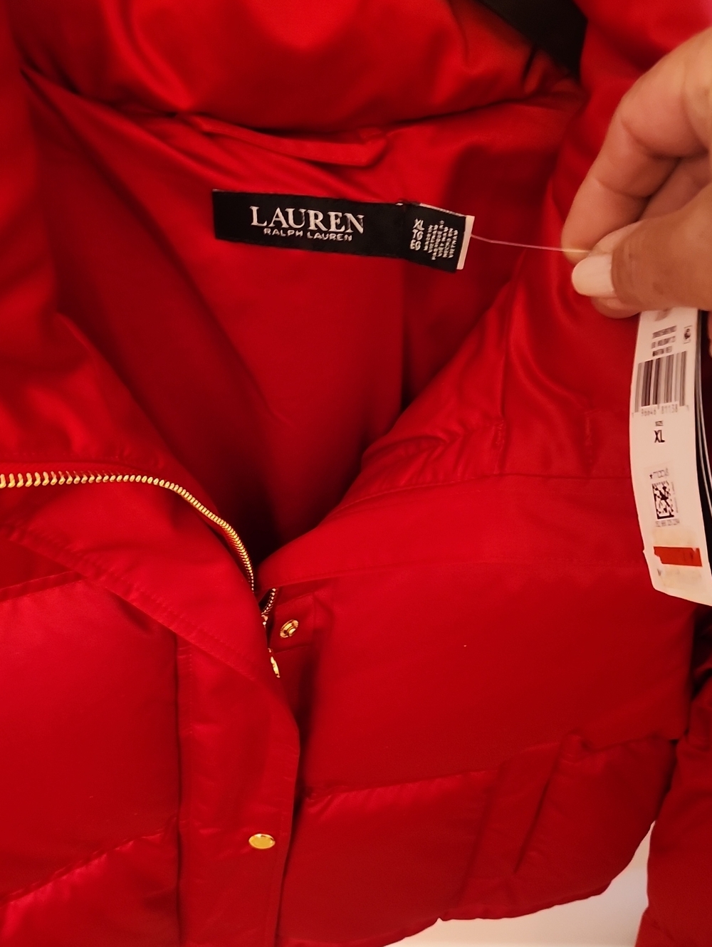 Lauren Ralph Lauren Bold Red Quilted Puffer Coat with Gold Hardware